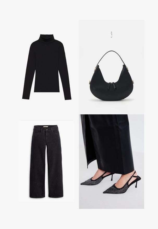 Crna turtleneck majica dugih rukava, napravljena od rebraste tkanine, ima uski kroj s visokim ovratnikom i bez uzoraka ili dekoracija.; Crne traperice sa širokim nogavicama. Imaju visoki struk, prednje džepove i patentni zatvarač s dugmetom. Glatka tekstura.; Simmi London LIGHT - Visoke pete - black; Crna kožna torba s zakrivljenim oblikom, zatvaranjem na patentni zatvarač, s dva crna resica i srebrnim detaljima, uključujući jedinstveni pričvršćivač.