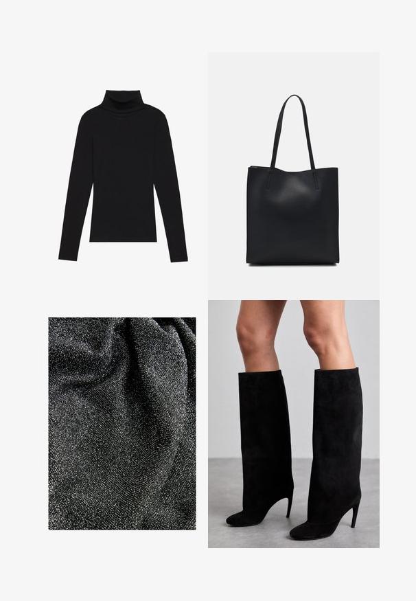 Haut à manches longues noir à col roulé, fabriqué en tissu côtelé, présente un design ajusté avec un col haut et sans motifs ni accents.; Tissu noir avec une surface texturée présentant de petites paillettes argentées, créant un effet scintillant. Le matériau semble doux et tombe avec fluidité.; Bottes noires à hauteur de genou en suede doux, avec un bout pointu et un fin talon stiletto. Texture lisse et design sans couture.; Sac fourre-tout en cuir noir avec une texture lisse, de forme rectangulaire et deux longues poignées. Pas de matériel ou d'ornementations visibles.