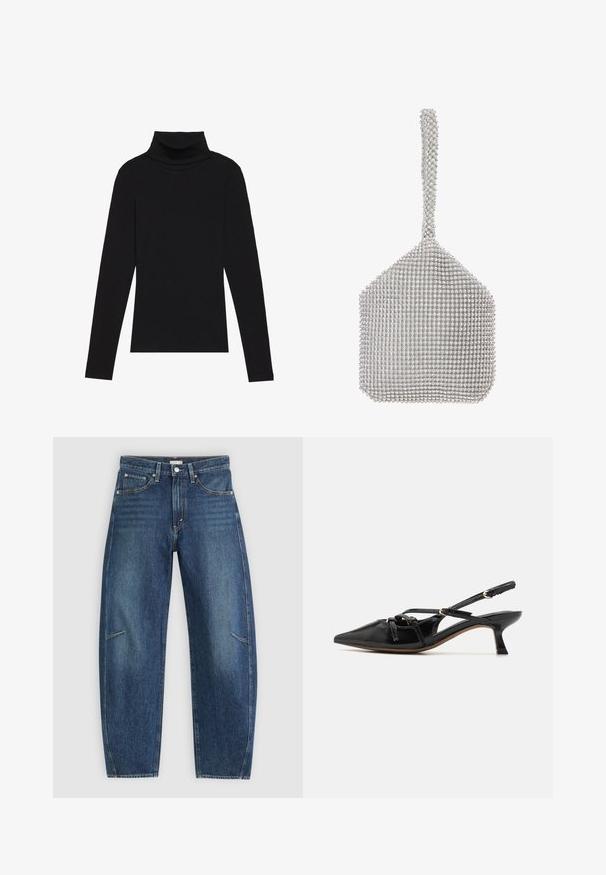 Sort højhalset bluse med lange ærmer, lavet af ribbet stof, har et tætsiddende design med en høj krave og uden mønstre eller detaljer.; Mørkeblå denim jeans med lige ben-design, der har forkæbbes lommer, kontrastsyninger og en subtil falmet tekstur på benene.; Call it Spring REGINNA B.E.D FOAM - Pumps - black; Sølv mesh håndtaske med en struktureret form, dækket af små, reflekterende rhinsten. Har et langt, udsmykket håndtag.