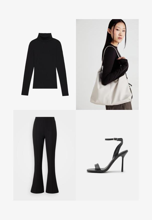 Top de gola alta de manga longa, preto, feito de tecido canelado, apresenta um design justo com um decote elevado e sem padrões ou detalhes.; Calças largas pretas feitas de um tecido elástico, com uma textura suave, cintura alta e detalhes de costura na frente.; Sandal de salto alto preto com uma tira fina no tornozelo e duas faixas frontais. Feita de couro liso com um bico afilado e salto agulha.; Uma bolsa bege feita de material macio, com um design descontraído, detalhes de costura e duas alças para o ombro. Adequada para uso diário.