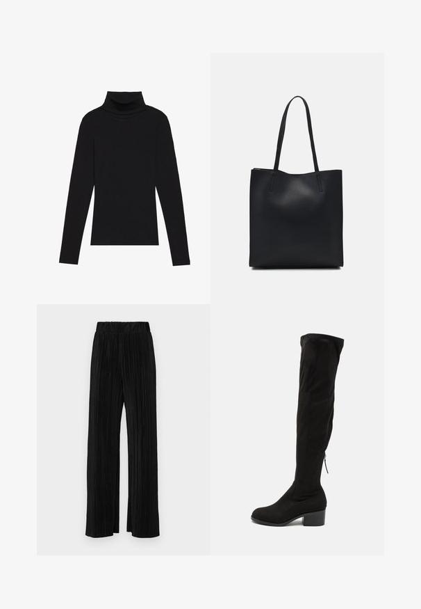Černý rolák s dlouhým rukávem, vyrobený z žebrované látky, má upnutý střih s vysokým výstřihem a žádné vzory ani akcenty.; Černé plisované kalhoty s elastickým pasem. Mají široké nohavice a hladkou, strukturovanou tkaninu s vertikálními pruhy.; Černé nadkolenní boty vyrobené z měkké semišové látky, s blokovým podpatkem a bočním zipem pro snadné nasazování. Hladká textura.; Černá kožená taška přes rameno s hladkým povrchem, obdélníkovým tvarem a dvěma dlouhými uchy. Žádné viditelné kování ani ozdoby.