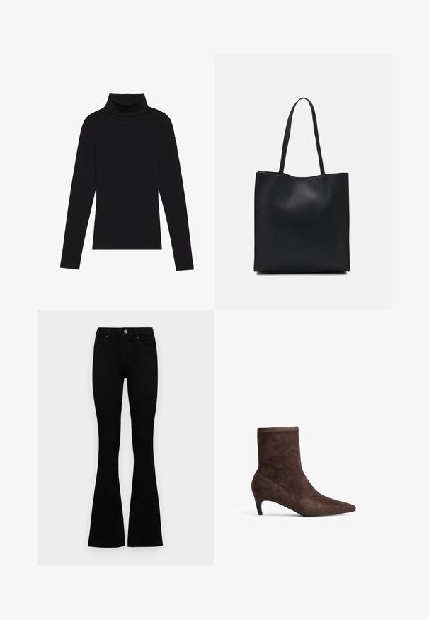 Čierny rolák s dlhým rukávom, vyrobený z rebrovanej tkaniny, má priliehavý strih s vysokým golierom a bez vzorov alebo akcentov.; Čierne vysoké nohavice s gombíkom a zipsom, predné vrecká a rozšírené nohavice položené na bielom pozadí.; Hnedé semišové členkové topánky s špicatou špičkou a štíhlým podpätkom. Majú hladkú textúru a vysoký strih.; Čierna kožená taška na rameno s hladkým povrchom, obdĺžnikovým tvarom a dvoma dlhými uchami. Bez viditeľného kovania alebo ozdôb.