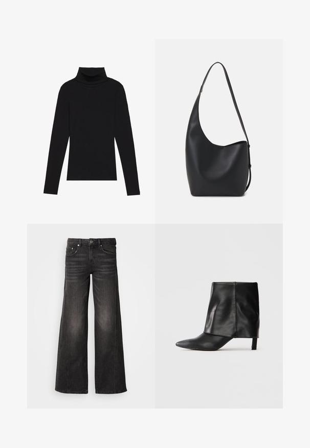 Top de gola alta de manga longa, preto, feito de tecido canelado, apresenta um design justo com um decote elevado e sem padrões ou detalhes.; Calças de ganga pretas de perna larga com detalhes desbotados, design de cinco bolsos, fecho de botão e zíper.; Bota de couro preta até o meio da panturrilha com bico fino, parte superior dobrada e salto baixo e esguio, em fundo branco.; Saco hobo preto em pele com uma textura lisa, forma curva e uma única alça ajustável; apresenta uma abertura larga na parte de cima.
