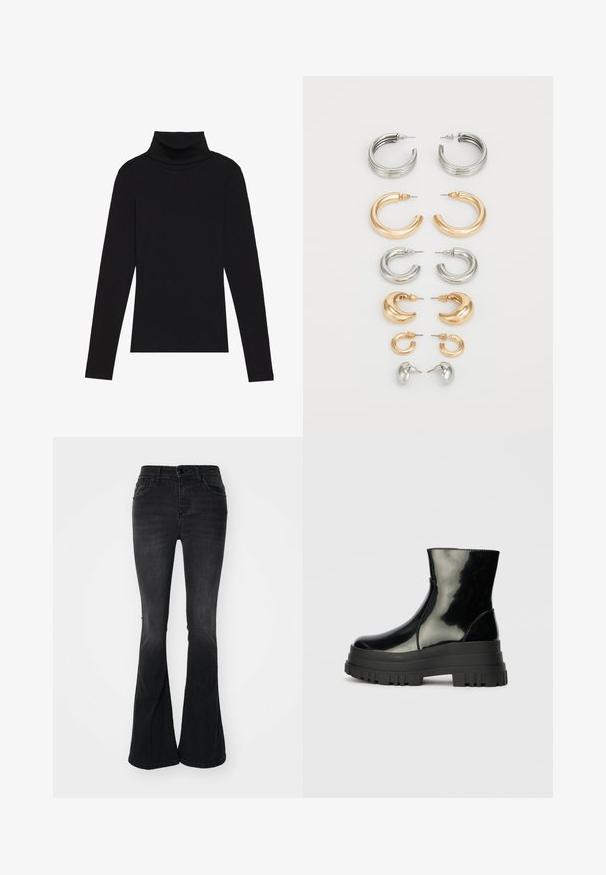 Svart polokrage långärmad topp, tillverkad av ribbat tyg, har en figurnära design med hög hals och inga mönster eller accenter.; Svarta utsvängda jeans i denim, med hög midja, framfickor, knappstängning och en ren finish i fållen.; Svart glansig ankelsko med tjock sål och rund tå, sedd från sidan på en enfärgad ljusgrå bakgrund.; Set med åtta metallörhängen i silver- och guldtoner. Inkluderar olika stilar av hoops, texturer och ytor, ordnade efter storlek.