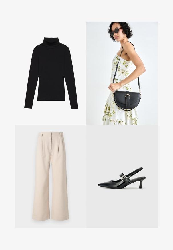 Juoda turtleneko ilgo rankovės viršutinė dalis, pagaminta iš raukšlėtos medžiagos, turi prigludusią formą, aukštą apykaklę ir neturi jokių raštų ar akcentų.; Bežinės plačios kelnės su klostėmis priekyje, pagamintos iš lengvos medžiagos. Pasižymi aukštu juosmeniu ir liekna siluetu, užtikrinančiu laisvą prigludimą.; Juodai lakuoti slingback aukštakulniai su smailiu kojų pirštu ir mažais blokiniais kulniukais, su sidabro sagtimi ant dirželio.; Juodas odinis krepšys su išlenkta forma, nuimamu dirželiu ir auksiniais detalėmis. Krepšys turi kilpą su sagtimi.