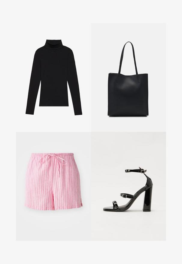 Top de gola alta de manga longa, preto, feito de tecido canelado, apresenta um design justo com um decote elevado e sem padrões ou detalhes.; Calções em rosa riscado com um cós elástico e cordão, apresentando um tecido leve e um corte descontraído. Acentuados com fendas laterais.; Sandálias pretas de verniz com salto alto, duas fivelas, biqueira quadrada e salto largo, apresentando uma textura lisa e brilhante.; Bolsa tote preta em couro com textura lisa, forma retangular e duas alças longas. Sem hardware ou enfeites visíveis.