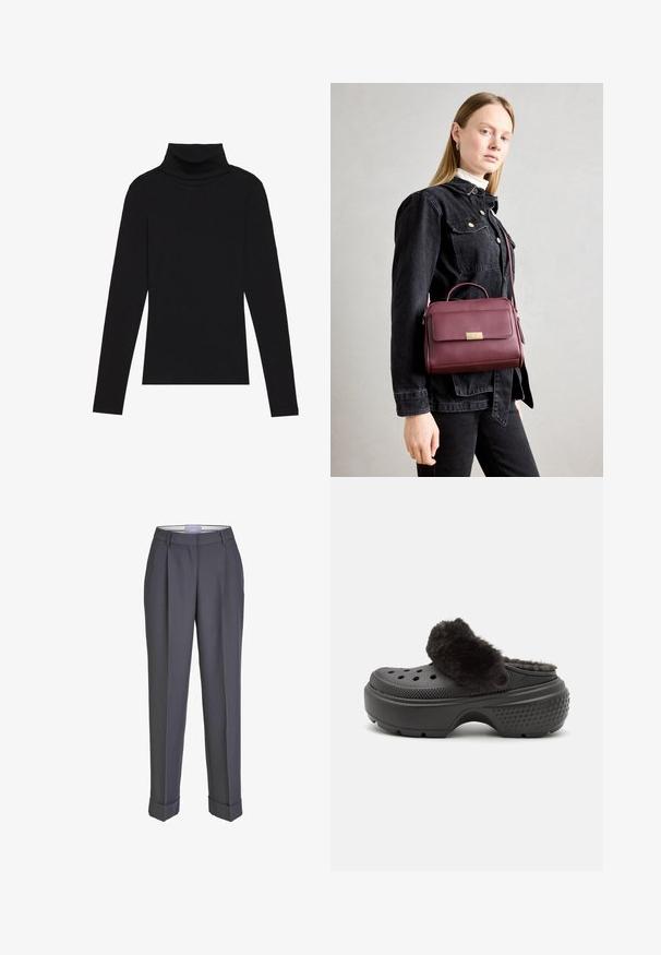 Svart høyhalset langermet topp, laget av ribbestrikket stoff, har en tettsittende design med høy hals og uten mønstre eller dekorasjoner.; Mørkegrå tilpassede bukser med rett ben-design, plisserte front og oppbrettede ankler. Laget av glatt stoff, med et klassisk midjebånd.; Svarte tresko med en myk, lodden overdel, med perforeringer på forsiden og en teksturert hæl for bedre grep. Lett og enkel å ta på.; Burgunderrød lærveske med gullklips, strukturert form, topphåndtak og justerbar skulderstropp. Modellen har på seg en denimjakke.