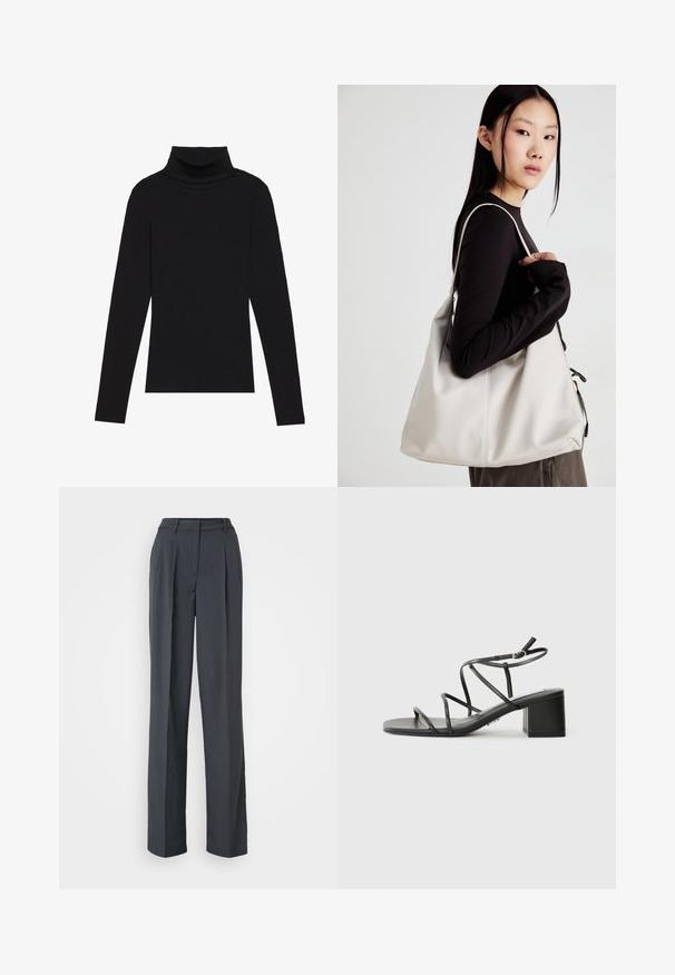 Fekete garbónyakú, hosszú ujjú felső, bordás anyagból készült, testhez álló fazonnal, magas nyakkal, minták és díszítések nélkül.; Sötétszürke, bő szárú nadrág struktúrált anyagból. Elöl pliszékkel, lapos derékkal és díszítésektől mentes, letisztult dizájnnal rendelkezik.; Fekete pántos szandál négyzetes orral és vastag sarokkal, sima anyagból készült. Állítható bokapántokkal és minimális fém részletekkel rendelkezik.; Puha anyagból készült bézs kézitáska, laza dizájnnal, varrott részletekkel és két vállpánttal. Mindennapi használatra alkalmas.