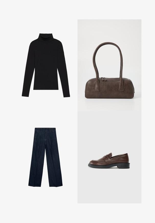 Musta poolalla pitkähihaisen pusero, joka on valmistettu ribbikankaasta, tarjoaa muotoilevan leikkauksen, jossa on korkea kaula-aukko eikä kuvioita tai koristeita.; Laivastonsiniset leveälahkeiset farkut, joissa on korkea vyötärö, laskokset ja perinteinen viisi taskua -muotoilu. Valmistettu farkkukankaasta, jossa on hienovaraiset ommelkoristukset.; Ruske nahkalevät, og rund tå, med et dekorativt bånd over vristen, og en lav, teksturert svart gummihæl.; Ruskea nahkalaukku, jossa on kaksi tukevasti kantavaa kahvaa, suorakaiteen muotoinen, sileä pinta ja vetoketjukiinnitys. Minimalistinen muotoilu ilman näkyviä kuvioita.