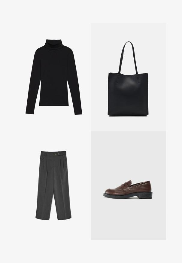 Črna majica s puloverjem in dolgimi rokavi, izdelana iz rebraste tkanine, ima prilegan kroj s visokim ovratnikom in brez vzorcev ali okrasnih elementov.; Sive krojene hlače z nabranim sprednjim delom, dvema sprednjima žepoma in gumbom za zapenjanje, izdelane iz teksturirane tkanine, širokega kroja.; Rjave usnjene loafers čevlje s zaobljenim prstom, ki imajo okrasni pas preko zgornjega dela in nizek, strukturen črni gumijast peti.; Črna usnjena torba s svilnato teksturo, pravokotne oblike in dvema dolgima ročajema. Brez vidnih metalnih delov ali okrasnih elementov.