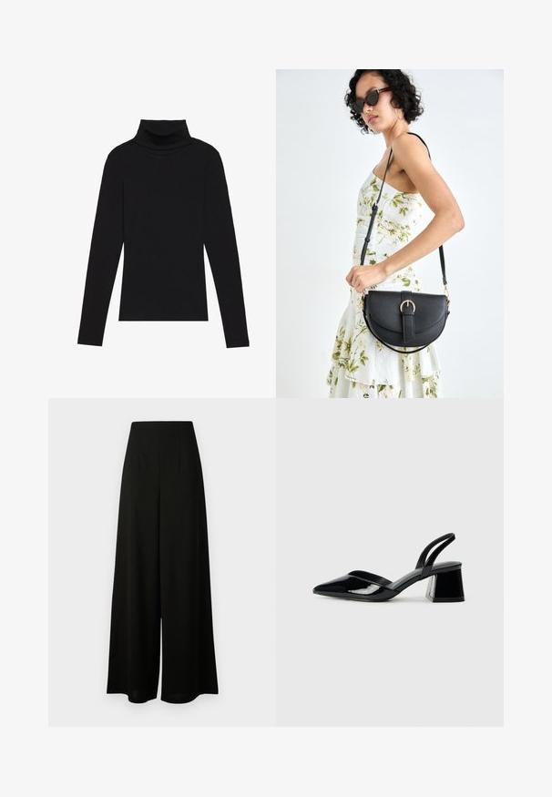 Svart høyhalset langermet topp, laget av ribbestrikket stoff, har en tettsittende design med høy hals og uten mønstre eller dekorasjoner.; Vero Moda Tall VMLIVA SUPER WIDE PANTS - Bukse - black; Svarte patentlær slingback hæler med spiss tå og geometrisk blokk hæl. Har et stilrent, minimalistisk design og jevn tekstur.; Svart lærveske med en buet form, avtagbar stropp og gullbeslag. Vesken har et klaff med spenne-detall.
