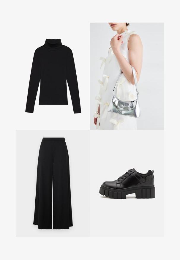 Svart høyhalset langermet topp, laget av ribbestrikket stoff, har en tettsittende design med høy hals og uten mønstre eller dekorasjoner.; Svarte vide bukser med flat midje. Laget av et glatt, lett materiale, med en flytende silhuett. Ingen lommer eller dekorasjoner.; Svarte lærplattformsko med kraftig blokkhell, rund tå og tradisjonell snøring. Har en jevn tekstur og minimal detaljering.; Sølvmetallisk håndveske med en strukturert form, med en topphåndtak og sløyfedetalj foran. Glatt tekstur, reflekterende overflate.