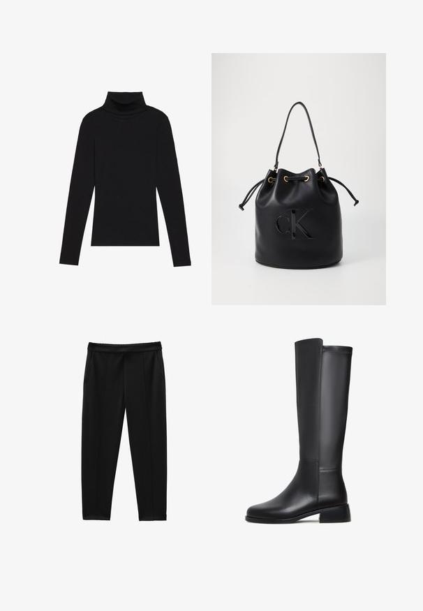 Zwarte turtleneck met lange mouwen, gemaakt van ribbelstof, heeft een aansluitend ontwerp met een hoge hals en geen patronen of accenten.; Zwarte taps toelopende broek met een gladde textuur, voorzien van twee zijzakken en een brede tailleband, ontworpen voor comfort en bewegingsvrijheid.; Zwarte leren kniehoge laars met een gladde textuur, ronde neus, lage blokhak en subtiele stikdetails aan de zijkant.; Zwarte leren emmer tas met trekkoord sluiting, voorzien van een glanzend "CK" logo aan de voorkant en gouden hardware accenten.