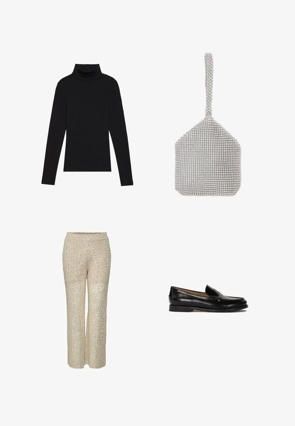Melnā turtlenecka garām piedurknēm augšdaļa, izgatavota no ribotas auduma, ar pieguļošu piegriezumu, augstu kakla izgriezumu un bez rakstiem vai akcentiem.; Bēžu spīdīgu bikses ar zigzaga rakstu, augstu jostasvietu un plašu kājām, ar gludu tekstūru un mirdzošu virsmu.; Melnas ādas loferes ar noapaļotu purngalu, viegli uzvelkamas un ar diskrētām dūrieniem augšdaļā. Vienkārša gumijas zole.; Sudraba acu maisiņš ar strukturētu formu, kas pārklāts ar maziem, atstarojošiem rhinestones. Iekļauj garu, dekorētu rokturi.