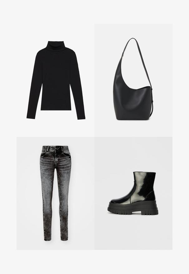 Top de gola alta de manga longa, preto, feito de tecido canelado, apresenta um design justo com um decote elevado e sem padrões ou detalhes.; Calças de ganga justas numa lavagem preta desbotada, com uma cintura alta, cós canelado, dois bolsos frontais e detalhes de costura subtis.; Bota de tornozelo preta e brilhante com sola grossa e arredondada, vista lateral sobre fundo cinza claro.; Saco hobo preto em pele com uma textura lisa, forma curva e uma única alça ajustável; apresenta uma abertura larga na parte de cima.