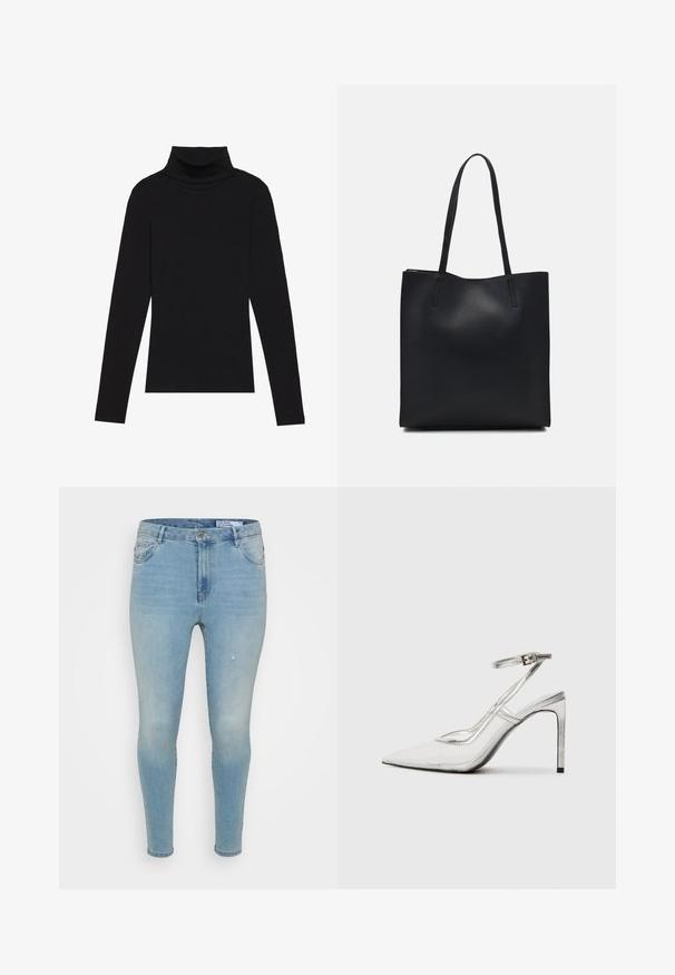 Black turtleneck long-sleeve top, made of ribbed fabric, features a fitted design with a high neckline and no patterns or accents.; Light blue denim jeans with a slim fit, featuring a mid-rise waist, classic five-pocket design, and subtle distressed details on the front.; Clear stiletto heel shoe with a pointed toe, transparent material, metallic silver accents, and adjustable ankle strap.; Black leather tote bag with smooth texture, rectangular shape, and two long handles. No visible hardware or embellishments.