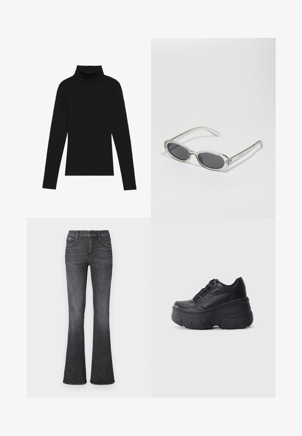 Musta poolalla pitkähihaisen pusero, joka on valmistettu ribbikankaasta, tarjoaa muotoilevan leikkauksen, jossa on korkea kaula-aukko eikä kuvioita tai koristeita.; Leveletut farkut tummanharmaasta denimmateriaaleista, joissa on sileä rakenne, viisi taskua ja nappikiinnitys vyötäröllä.; Musta nauhallinen lenkkarit, joissa on paksu pohja, ja jotka sisältävät sileästä nahasta valmistetun yläosan, pyöreän kärjen ja erottuvan kerroksittain muotoillun pohjan.; Aurinkolasit, joilla on soikea muoto, kirkas muovikehys, tummanharmaat linssit ja ohuet läpinäkyvät varret, joissa on logovihjeitä ja minimaalista yksityiskohtia.