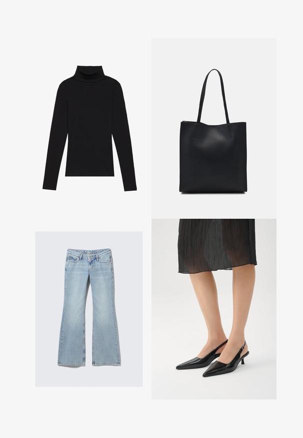 Čierny rolák s dlhým rukávom, vyrobený z rebrovanej tkaniny, má priliehavý strih s vysokým golierom a bez vzorov alebo akcentov.; Weekday NOVA - Slimfit džínsy - lip blue; Čierne lodičky s špicatou špičkou a otvorenou pätou, s lesklým povrchom a štíhlým podpätkom. Na vrchnej časti je textúrovaný vzor.; Čierna kožená taška na rameno s hladkým povrchom, obdĺžnikovým tvarom a dvoma dlhými uchami. Bez viditeľného kovania alebo ozdôb.