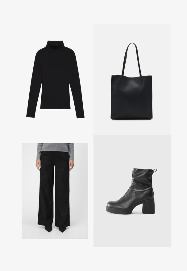 Črna majica s puloverjem in dolgimi rokavi, izdelana iz rebraste tkanine, ima prilegan kroj s visokim ovratnikom in brez vzorcev ali okrasnih elementov.; Object OBJLISA WIDE - Hlače - black; Črne gležnjarje iz gladke kože z božnim zadrgo, masivnim teksturiranim peto in zaobljeno obliko prstov.; Črna usnjena torba s svilnato teksturo, pravokotne oblike in dvema dolgima ročajema. Brez vidnih metalnih delov ali okrasnih elementov.