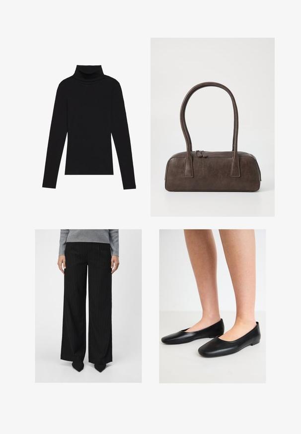 Black turtleneck long-sleeve top, made of ribbed fabric, features a fitted design with a high neckline and no patterns or accents.; Object OBJLISA WIDE - Trousers - black; Black ballet flats made of smooth leather with a rounded toe and a low, flat sole, featuring a slip-on design and no visible hardware.; Brown leather handbag with two sturdy handles, rectangular shape, smooth texture, and zip closure. Minimalist design with no visible patterns.