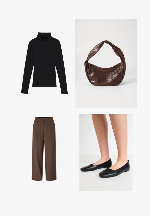 Melnā turtlenecka garām piedurknēm augšdaļa, izgatavota no ribotas auduma, ar pieguļošu piegriezumu, augstu kakla izgriezumu un bez rakstiem vai akcentiem.; Brūnas augstas jostas platajiem biksēm ar priekšējām krokām un slēptu priekšējo rāvējslēdzēju.; Melnas baleta kurpes, izgatavotas no gludas ādas, ar noapaļotu purngalu un zemu, plakanu zoli, piedāvājot vieglu uzvelkamu dizainu un bez redzamiem piederumiem.; Brūna austa ādas soma ar izliekta, mezglota rokturi un ar rāvējslēdzēju aizdari. Gluda tekstūra un noapaļota forma.