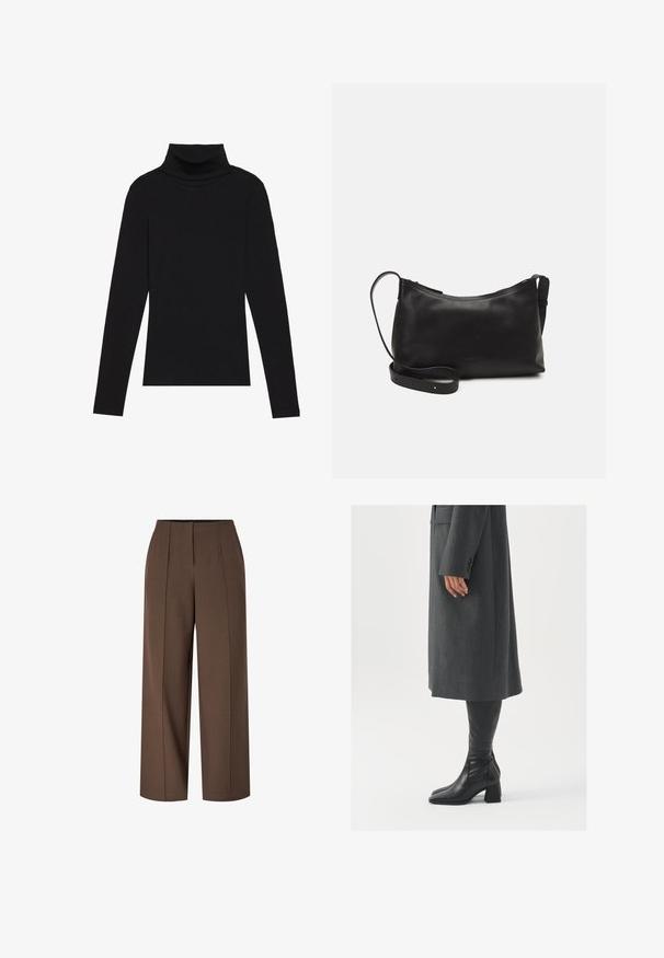 Black turtleneck long-sleeve top, made of ribbed fabric, features a fitted design with a high neckline and no patterns or accents.; Brown high-waist wide-leg trousers with front crease lines and a hidden front zipper closure.; Gray, tailored overcoat with a straight cut; paired with knee-high black leather boots featuring a square toe and chunky heel.; Black leather shoulder bag with a smooth texture, curved shape, adjustable strap, and a zip closure. Minimalist design without embellishments.
