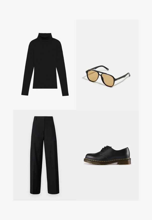 Black turtleneck long-sleeve top, made of ribbed fabric, features a fitted design with a high neckline and no patterns or accents.; Rouge Edit VISADIE TROUSER - Trousers - meteorite; Black leather shoe with rounded toe, lace-up design, yellow stitching along the sole, and a chunky, textured rubber outsole.; Black sunglasses with brown tinted lenses; rectangular shape with a thick frame, including subtle hardware accents on the temples.