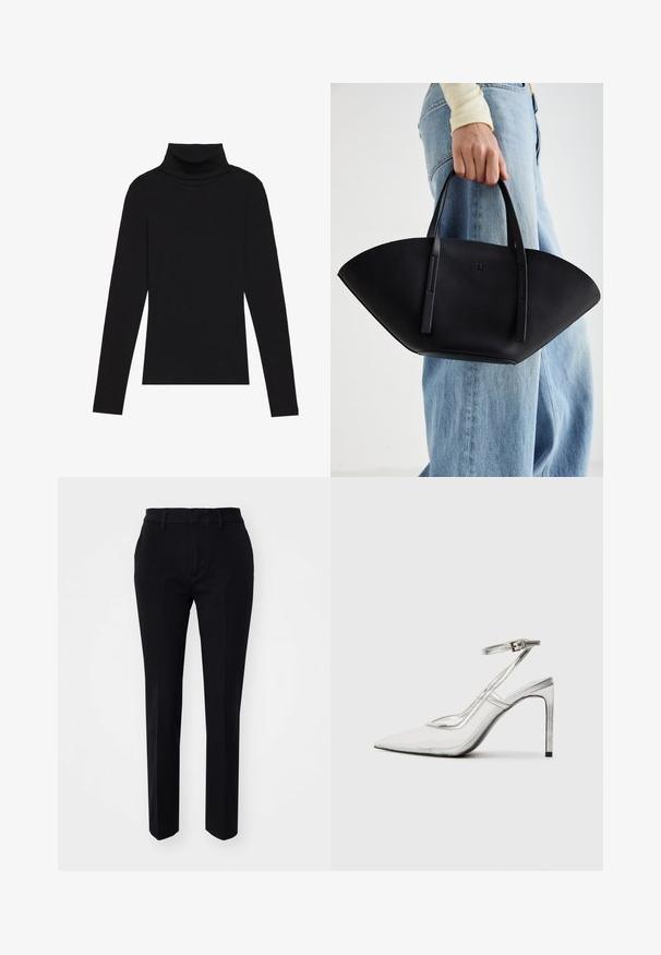 Crna turtleneck majica dugih rukava, napravljena od rebraste tkanine, ima uski kroj s visokim ovratnikom i bez uzoraka ili dekoracija.; Crne krojene hlače s glatkom teksturom tkanine, ravnim nogavicama i koso postavljenim bočnim džepovima. Jednostavan pojas s petljama za remen, bez vidljivih uzoraka.; Prozirna štikla s oštrim vrhom, prozirni materijal, metalik srebrni detalji i podesiva narukvica oko gležnja.; Crna kožna torba jedinstvenog oblika ventilatora, s ravnim ručkama. Površina ima teksturu sličnu šljunku i minimalistički dizajn.