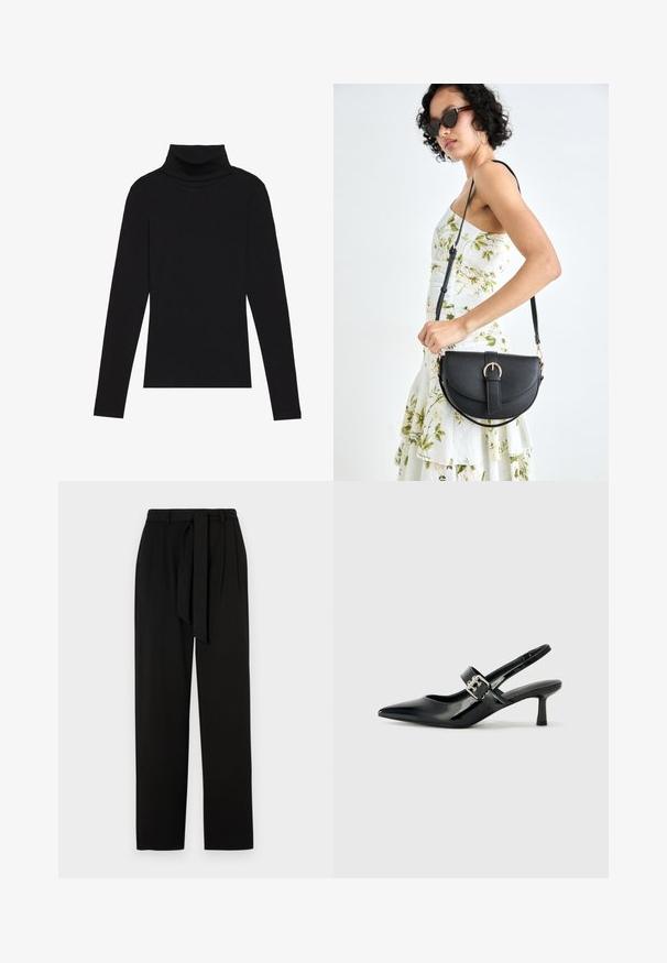 Black turtleneck long-sleeve top, made of ribbed fabric, features a fitted design with a high neckline and no patterns or accents.; Black trousers with a high waist, side pleats, and a fabric belt. Made of a smooth material with straight, full-length legs.; Black patent leather slingback heels with a pointed toe and a small block heel, featuring a silver buckle accent on the strap.; Black leather handbag with a curved shape, detachable strap, and gold hardware. The bag features a flap with a buckle detail.