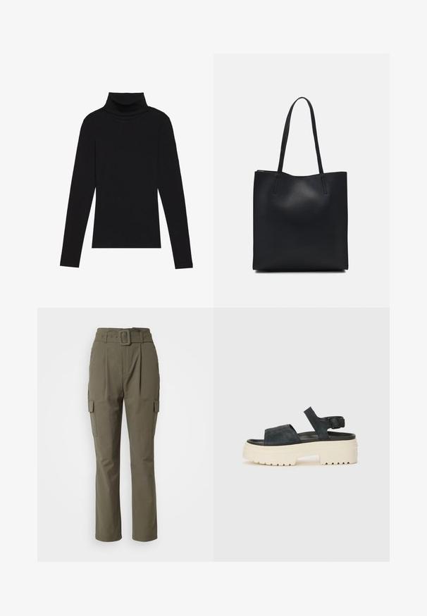 Melnā turtlenecka garām piedurknēm augšdaļa, izgatavota no ribotas auduma, ar pieguļošu piegriezumu, augstu kakla izgriezumu un bez rakstiem vai akcentiem.; Oliveza zaļa kravas bikses ar jostu viduklī, taisnām kājām, divām sānu kabatām un gludu auduma faktūru.; Melnas zamšādas platformas sandales ar masīvu baltu zoli, plašu priekšējo siksnu un regulējamu potītes sprādzi. Rievojuma zole labākai saķerei.; Melnas ādas somiņa ar gludu tekstūru, taisnstūra formu un divām garām rokturiem. Nav redzamu aparatūras vai rotājumu.