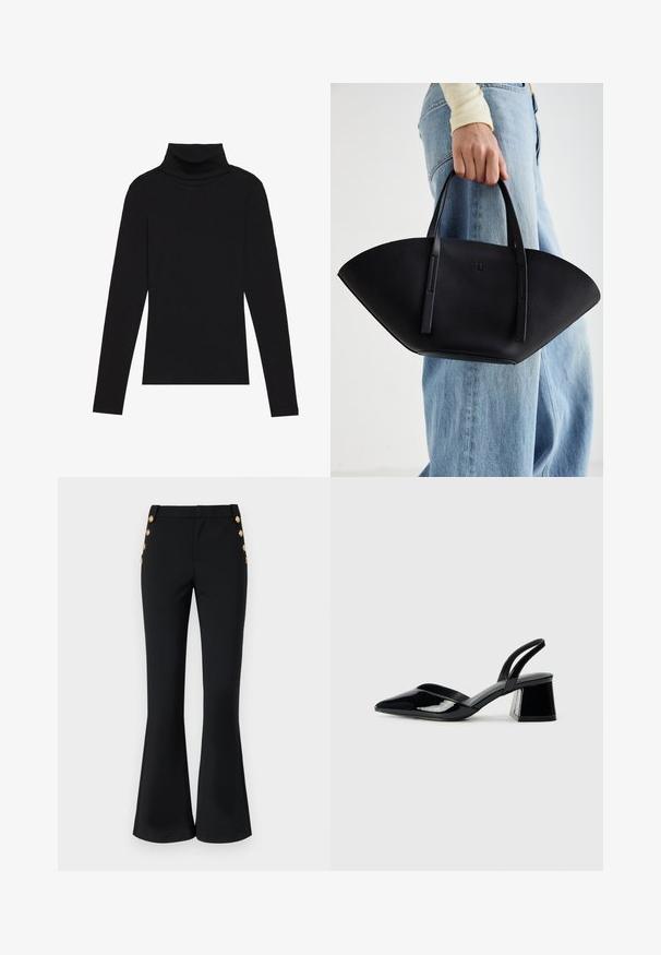 Black turtleneck long-sleeve top, made of ribbed fabric, features a fitted design with a high neckline and no patterns or accents.; Black flared trousers in a stretchy fabric, featuring a flat front, side pockets, and decorative gold buttons along the hip.; Black patent leather slingback heels with a pointed toe and a geometric block heel. Features a sleek, minimal design and smooth texture.; Black leather handbag with a unique fan shape, featuring flat handles. The surface has a pebbled texture and a minimalistic design.