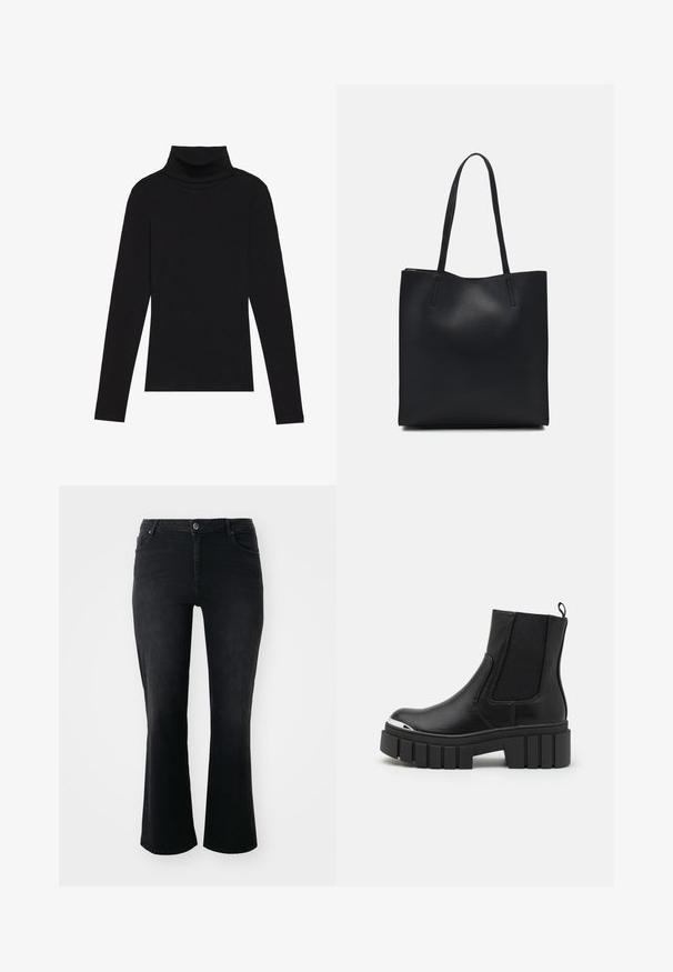 Fekete garbónyakú, hosszú ujjú felső, bordás anyagból készült, testhez álló fazonnal, magas nyakkal, minták és díszítések nélkül.; Fekete farmernadrág közepes derékkal, elülső gombbal, két elülső zsebbel, két hátsó zsebbel és bővülő lábszárral.; Fekete boka csizmák sima bőrből, elasztikus panelek, vastag platform talp és fém orrrész jellemzi őket.; Fekete bőrtáska sima felszínnel, téglalap alakú, két hosszú füllel. Nincs látható fémkiegészítő vagy díszítés.