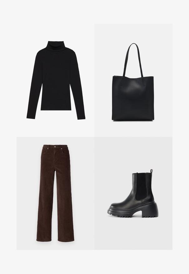 Juoda turtleneko ilgo rankovės viršutinė dalis, pagaminta iš raukšlėtos medžiagos, turi prigludusią formą, aukštą apykaklę ir neturi jokių raštų ar akcentų.; Vero Moda VMTESSA WIDE PANTS - Kelnės - chocolate torte; Juodi odiniai auliniai batai iki kulkšnies su elastinėmis šoninėmis juostelėmis, storu, masyviu padu ir tekstūruota guminėmis detalėmis ant pado. Minimalistinis dizainas.; Juodas odinis tote krepšys su lygia tekstūra, stačiakampio formos ir dviem ilgais rankenomis. Matomų metalinių detalių ar puošybos nėra.