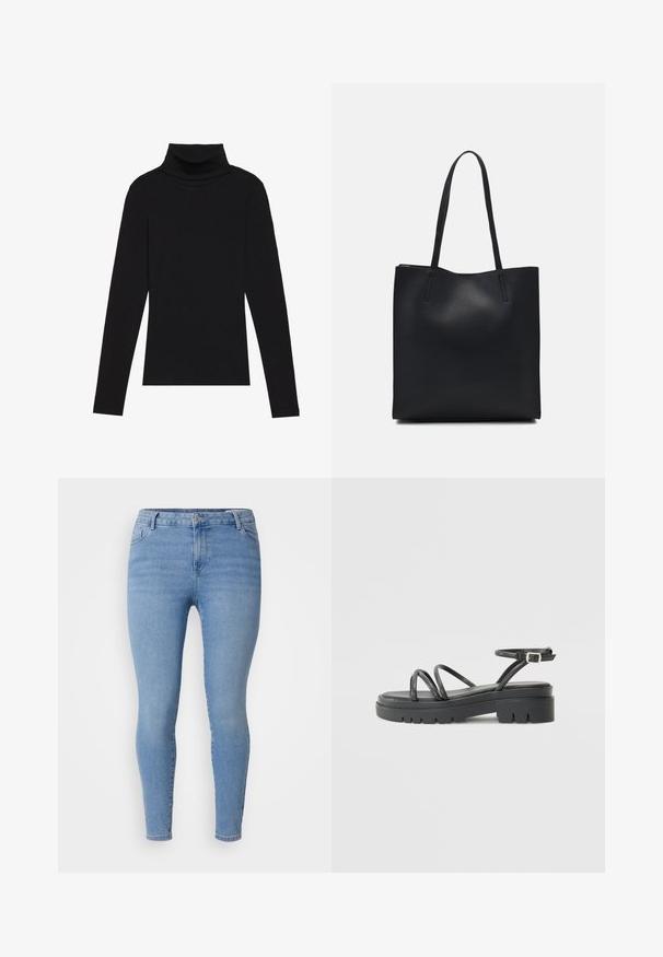 Cămășuță neagră cu guler înalt, dintr-un material cu dungi, cu un design aderent, fără modele sau accente.; Blugi skinny de culoare albastru deschis, din denim, cu un stil clasic cu cinci buzunare, închidere cu fermoar și deschideri înguste la picioare. Textura netedă cu o ușoară decolorare.; Sandașe negre cu bretele subțiri și talpă groasă, având o curea cu cataramă în jurul gleznei. Textură netedă cu un design robust al tălpii.; Geantă tote neagră din piele, cu textură netedă, formă rectangulară și două mânere lungi. Fără hardware vizibil sau ornamente.