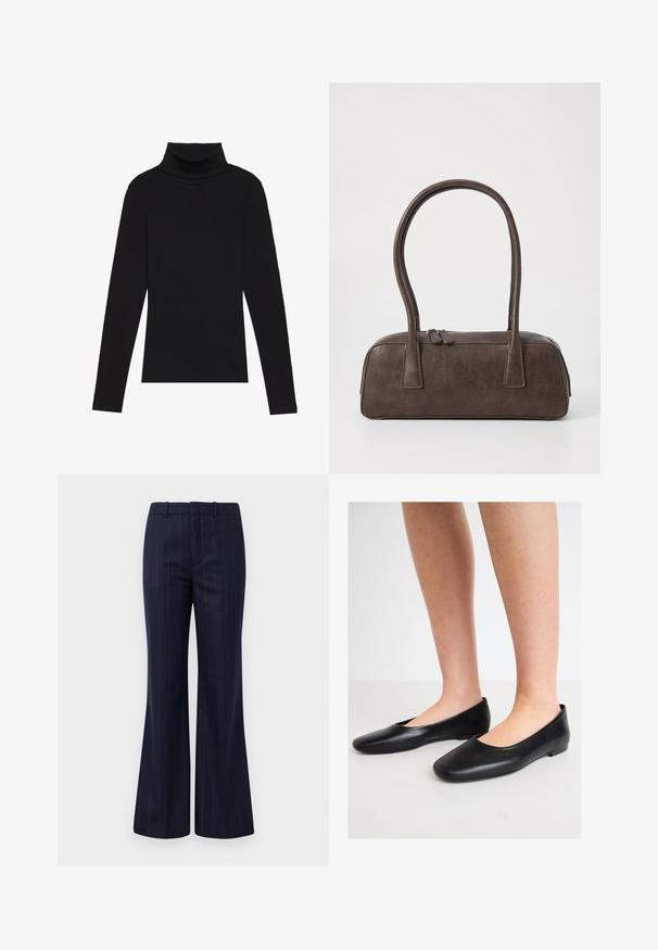 Zwarte turtleneck met lange mouwen, gemaakt van ribbelstof, heeft een aansluitend ontwerp met een hoge hals en geen patronen of accenten.; Marineblauwe pinstripe broek met een uitlopende pijpontwerp, gemaakt van een gestructureerde stof, met een vlakke voorkant en riemlussen voor een getailleerde uitstraling.; Zwarte ballerina's van soepel leer met een ronde neus en een lage, platte zool, met een slip-on ontwerp en zonder zichtbare hardware.; Bruine leren handtas met twee stevige handvatten, rechthoekige vorm, gladde textuur en ritssluiting. Minimalistisch ontwerp zonder zichtbare patronen.