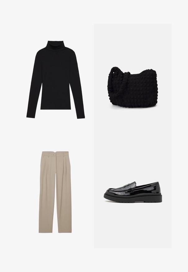 Zwarte turtleneck met lange mouwen, gemaakt van ribbelstof, heeft een aansluitend ontwerp met een hoge hals en geen patronen of accenten.; Beige plooibroek met een rechte pijp, voorzien van een sluiting met knoop aan de voorkant en zijzakken, vervaardigd uit een soepele stof.; Zwarte gepatineerde leren loafers met een ronde neus, een decoratieve band en een dikke zwarte rubberen zool. Glad glanzend oppervlak met minimale stiksels.; Zwarte stoffen tas met een gestructureerd, gewatteerd patroon. Rondvormig, korte, dikke handvatten en een zachte, flexibele structuur.