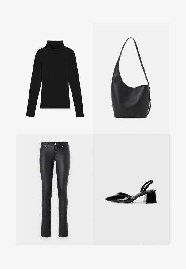 Fekete garbónyakú, hosszú ujjú felső, bordás anyagból készült, testhez álló fazonnal, magas nyakkal, minták és díszítések nélkül.; Fekete műbőr, skinny farmerek sima textúrával, közepes derekú szabással, öt zsebes dizájnnal és ezüst színű kiegészítőkkel.; Fekete lakk bőr szandálkés magas sarkú cipő, hegyes orral és geometrikus tömbsarkakkal. Karcsú, minimalista dizájn és sima textúra jellemzi.; Fekete bőr hobo táska sima textúrával, ívelt formával és egyetlen állítható pánttal; széles nyílás található a tetején.