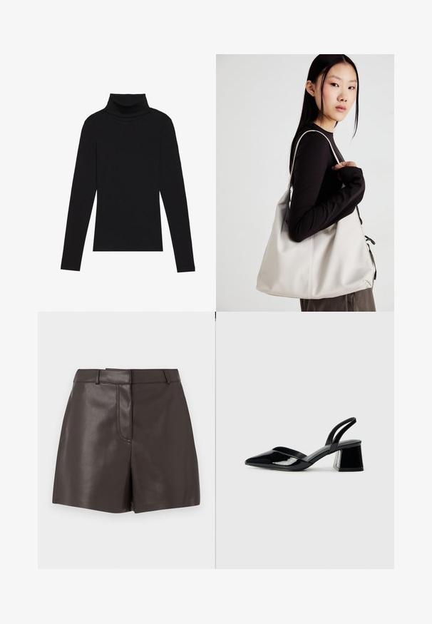 Black turtleneck long-sleeve top, made of ribbed fabric, features a fitted design with a high neckline and no patterns or accents.; Brown leather shorts with a smooth texture, featuring a front seam, belt loops, and two side pockets. Designed for a fitted silhouette.; Black patent leather slingback heels with a pointed toe and a geometric block heel. Features a sleek, minimal design and smooth texture.; Beige handbag made of soft material, featuring a slouchy design, stitched detailing, and two shoulder straps. Suitable for everyday use.