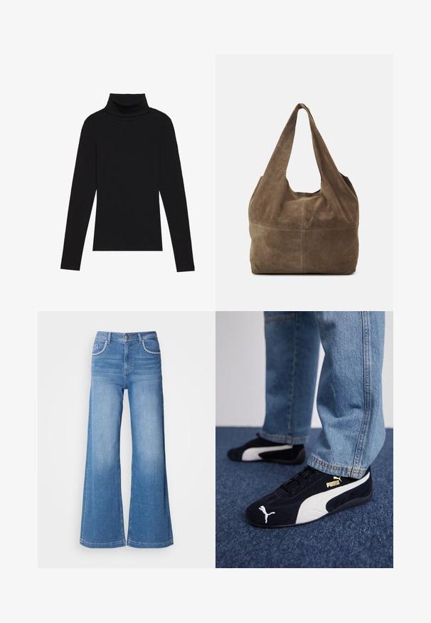 Musta poolalla pitkähihaisen pusero, joka on valmistettu ribbikankaasta, tarjoaa muotoilevan leikkauksen, jossa on korkea kaula-aukko eikä kuvioita tai koristeita.; Siniset leveät farkut, jotka on valmistettu deniinista. Niissä on korkea vyötärö, koristeompeleet taskuissa ja haalistunut pesu.; Mustat mokkanahkaiset lenkkarit valkoisilla yksityiskohdilla, joissa on kultainen logo. Yhdistetty vaaleansinisiin farkkusiin ja asetettu tekstuuripintaiseen siniseen taustaan.; Ruskea mokkabag, jossa on yksi olkahihna, pehmeä tekstuuri ja pyöreä muoto. Sisältää sauman keskellä lisäyksinä.