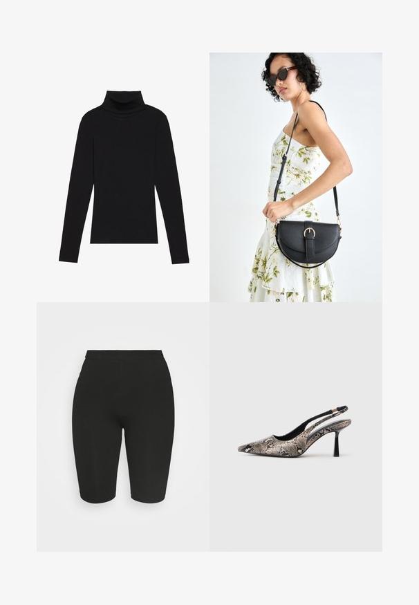 Fekete garbónyakú, hosszú ujjú felső, bordás anyagból készült, testhez álló fazonnal, magas nyakkal, minták és díszítések nélkül.; Fekete biciklis short, testhez simuló fazonnal, elasztikus derékpánttal és sima textúrával. Hossza a térd felett végződik. Nincsenek látható minták vagy díszítések.; Ívelt orrú slingback cipők, amelyek texturált kígyóbőr hatású anyagból készültek, karcsú fekete sarokkal és oldalsó kivágásos dizájnnal rendelkeznek.; Fekete bőrtáska ívelt formával, levehető pánttal és arany színű fémrészekkel. A táskán egy csattal díszített fedél található.