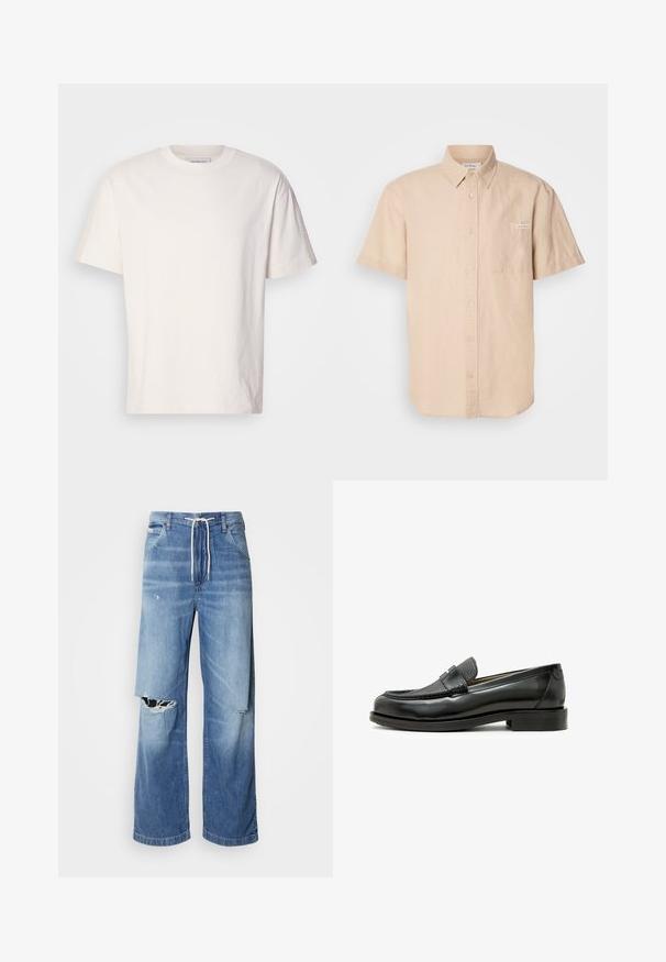 Krém színű pamut póló kerek nyakkal. Rövid ujjak és laza szabás. A nyakrészen egy kis logó található. Sima textúra.; Rövid ujjú, bézs gombos ing, amely pamutból készült, elöl zsebbel és bal oldalon egy kis logóval rendelkezik.; Világoskék farmernadrág laza szabással, fehér húzózsinóros derékpánttal, a elején jellegzetes szakításokkal, amelyeken cérnával szelektált szélek láthatók.; Fekete bőr loaferek, texturált fekete bőr díszítéssel, lekerekített orral és alacsony blokk sarkal; dekoratív fémes részlettel rendelkezik.