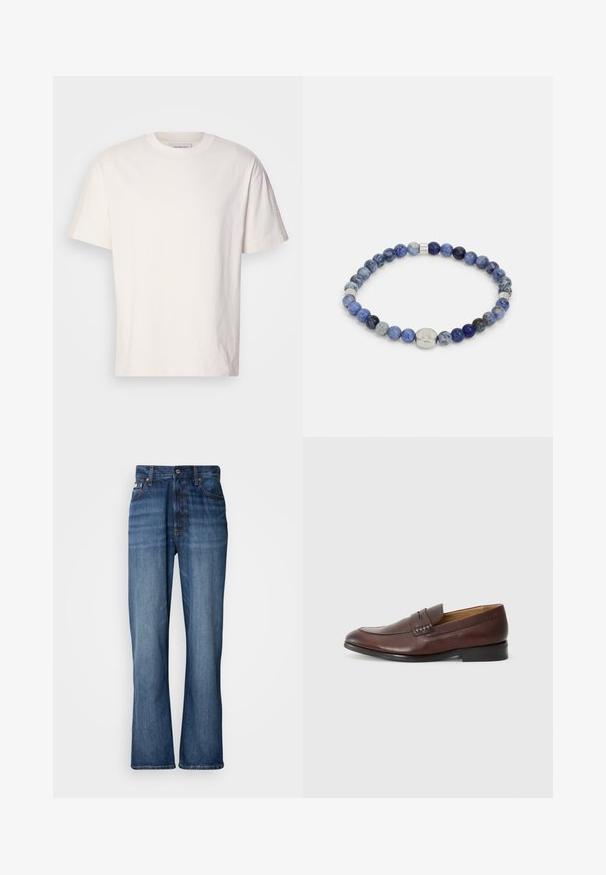 Kreminkrāsas kokvilnas T-krekls ar apaļu kakla izgriezumu. Īsas piedurknes un brīvs piegriezums. Uz kakla izgriezuma ir neliels logotips. Gluda tekstūra.; Zilas džinsu bikses ar augstu jostasvietu, izplestām kājām, piecu kabatu dizainu un tonālu šuvumu. Iespējas ietver pogu aizdari un kniedētas kabatas.; JOOP! KLEITOS - Čības - brown; Tommy Hilfiger MEN BEADS - Rokassprādze - blue/silver-coloured