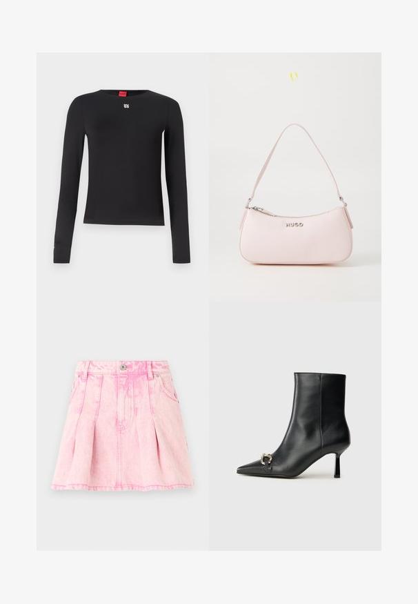 Schwarzes Langarmshirt aus glattem Stoff. Verfügt über einen Rundhalsausschnitt und ein kleines silbernes Logo auf der Brust. Minimalistisches Design.; Rosa Denimrock mit Falten, Knopf- und Reißverschlussverschluss, fünf Taschen und dekorativen Nähten. Abgenutzte Textur in einem hellen Farbton.; Schwarze Leder-Stiefelette mit spitzer Zehe, schlankem, mittelhohem Absatz und silberner Schnalle seitlich vor einem schlichten Hintergrund.; Rosa Lederhandtasche mit einer geschwungenen Form, Reißverschluss und Schulterriemen. Auf der Vorderseite befindet sich ein silbernes Logo.