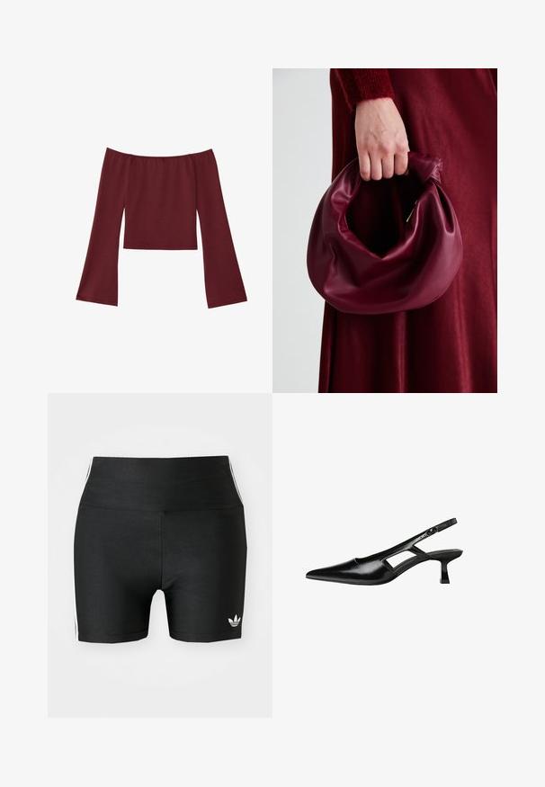 Top s odhalenými ramennami v tmavej burgundskej farbe s dlhými, širokými zvonovými rukávmi a priamym výstrihom.; Čierne športové šortky z elastickej tkaniny s vysokým pásom. Obsahujú biele bočné pruhy a malé biele logo na leme.; Čierne lakované kožené lodičky na podpätku s špicatou špičkou, výrezovým dizajnom na boku a malým štvorcovým podpätkom. Hladký povrch s minimálnymi akcentmi.; Burgundská kožená kabelka s mäkkým, zhromaždeným dizajnom a zaobleným tvarom. Rukoväť je pevne zaisťujúca a vystavuje hladkú textúru.