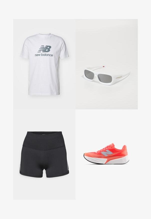 T-shirt en coton blanc arborant un logo "NB" gris et le texte "new balance", à manches courtes, design classique à col rond, texture lisse.; Shorts de sport noirs avec une taille haute, fabriqués en tissu extensible. Ils présentent des bandes blanches sur les côtés et des coutures plates pour plus de confort.; Chaussure de course légère en corail vif avec haut en mesh et logo argenté. Semelle intermédiaire blanche texturée distincte et semelle extérieure en caoutchouc noir.; Lunettes de soleil rectangulaires blanches Oakley avec des verres foncés reposant sur une surface blanche, logo visible sur le côté.