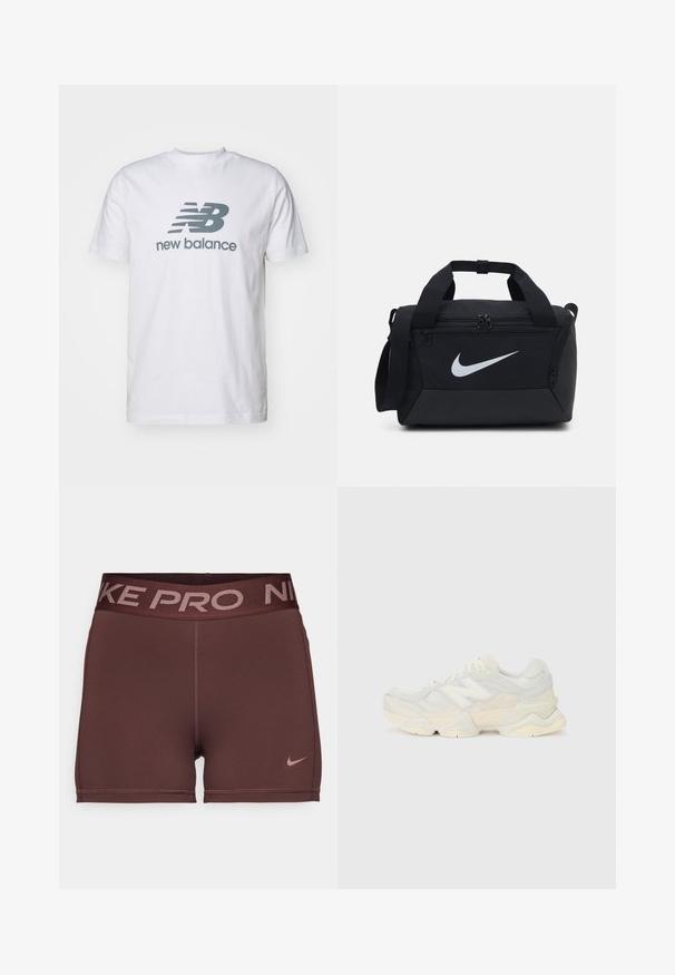 T-shirt bianco in cotone con logo grigio "NB" e testo "new balance", maniche corte, design classico con collo rotondo, texture liscia.; Shorts sportivi marroni con una larga vita scura che presenta il testo "NIKE PRO". Texture liscia con un piccolo logo Nike rosa sul lato.; Sneaker leggera con tomaia in rete e camoscio in morbide tonalità crema, dotata di una suola spessa e di accenti tridimensionali.; Borsa duffel nera con tessuto liscio, scomparti a doppia zip, manici imbottiti e un grande logo Nike bianco sulla parte anteriore.