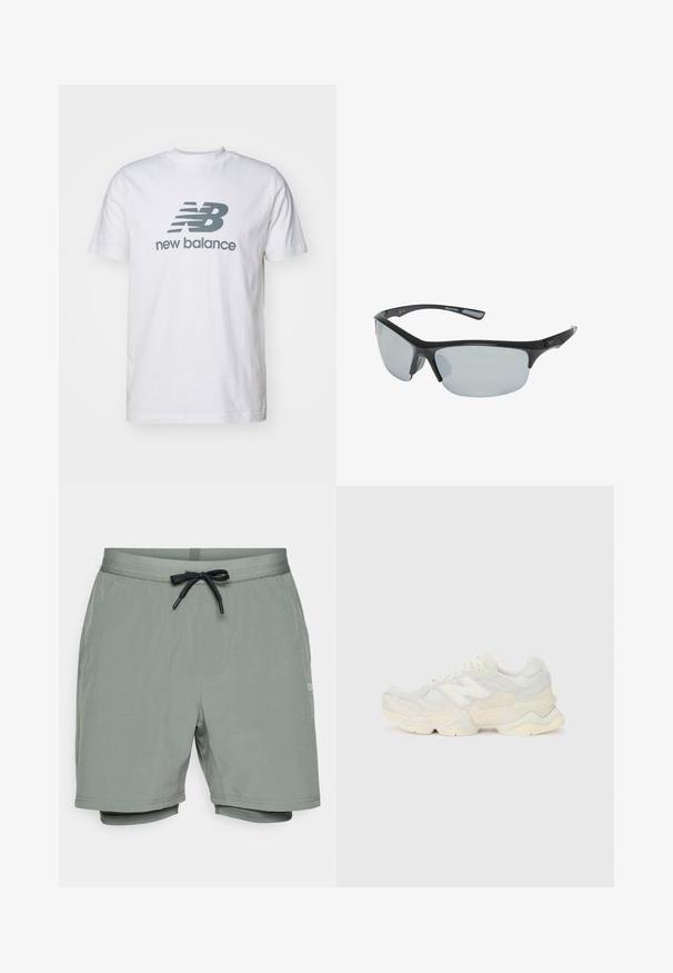 Tricou alb din bumbac cu un logo gri "NB" și textul "new balance", mâneci scurte, design clasic cu guler rotund, textură netedă.; Costume de baie verde deschis cu talie ajustabilă, textură netedă și căptușeală interioară. Prezintă un mic logo pe lateral.; Adidaș ușor, cu un superior din plasă și piele întoarsă în nuanțe de crem moale, cu o talpă groasă și accente tridimensionale.; Ochelari de soare sport din plastic negru cu lentile gri, design aerodinamic, formă curbată și brațe texturate pentru o aderență îmbunătățită.