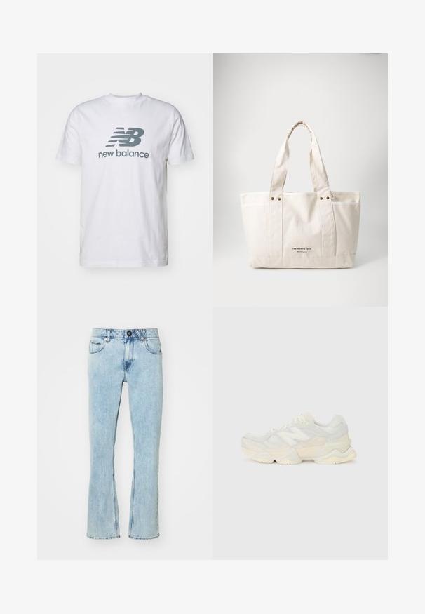 T-shirt bianco in cotone con logo grigio "NB" e testo "new balance", maniche corte, design classico con collo rotondo, texture liscia.; Jeans azzurri chiari a vita alta realizzati in denim, con gamba dritta, cinque tasche e chiusura frontale con bottone. Presenti dettagli sbiaditi.; Sneaker leggera con tomaia in rete e camoscio in morbide tonalità crema, dotata di una suola spessa e di accenti tridimensionali.; Borsa in tela color beige chiaro con due manici resistenti, rifiniture bianche a contrasto e logo "THE NORTH FACE" in nero sul davanti.