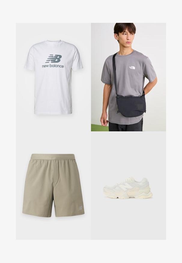 White cotton t-shirt featuring a gray "NB" logo and "new balance" text, short sleeves, classic crew neck design, smooth texture.; Beige athletic shorts with an elastic waistband, a single front pocket, and a logo on the lower right side. Smooth, lightweight fabric.; Lightweight sneaker featuring a mesh and suede upper in soft cream tones, with a chunky sole and three-dimensional accents.; Black nylon crossbody bag with adjustable strap, featuring a drawstring closure and embossed logo detail. Worn over a gray t-shirt.
