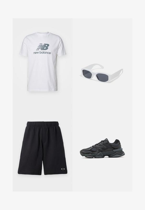 White cotton t-shirt featuring a gray "NB" logo and "new balance" text, short sleeves, classic crew neck design, smooth texture.; Black athletic shorts with an elastic waistband, smooth texture, side pockets, and a small logo on the hem. Relaxed fit and knee-length.; Black running shoe featuring a mix of mesh and synthetic materials, chunky sole, curved design, and prominent branding on the side.; White rectangular sunglasses featuring dark lenses, a smooth matte finish, and thick arms with an angular design.